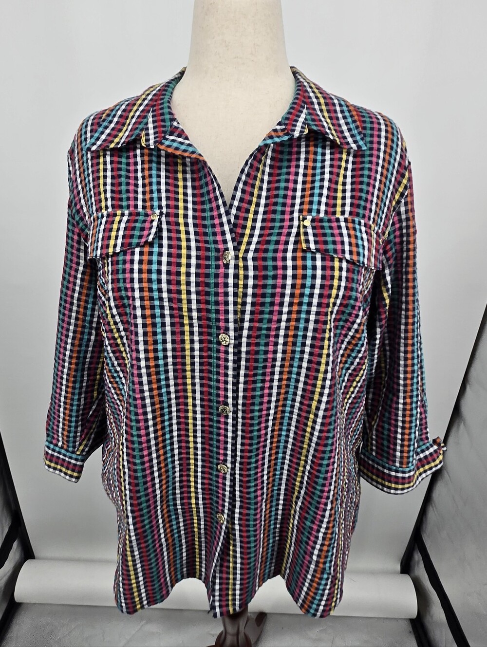 Anne Klein Multicolor Checkered Button Down Shirt 1X (8067)